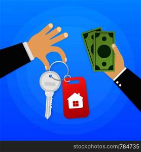 Hand agent with home in palm and key on finger. Offer of purchase house, rental of Real Estate. Vector stock illustration.