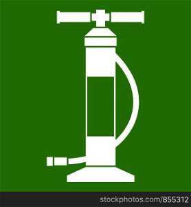 Hand air pump icon white isolated on green background. Vector illustration. Hand air pump icon green
