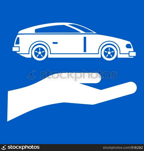 Hand and car icon white isolated on blue background vector illustration. Hand and car icon white