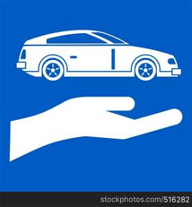Hand and car icon white isolated on blue background vector illustration. Hand and car icon white