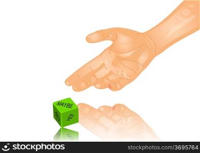 hand and dice isolated on white background
