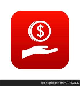 Hand and dollar coin icon digital red for any design isolated on white vector illustration. Hand and dollar coin icon digital red