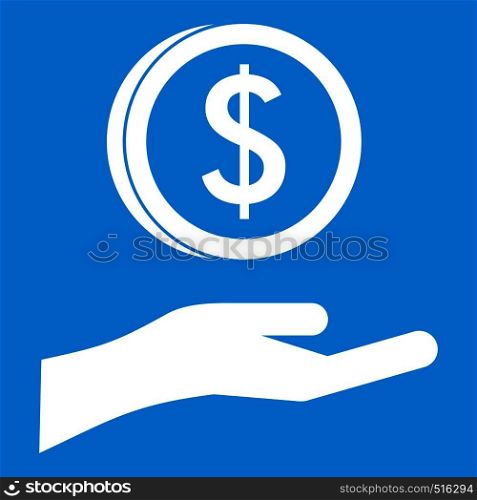 Hand and dollar coin icon white isolated on blue background vector illustration. Hand and dollar coin icon white