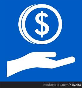 Hand and dollar coin icon white isolated on blue background vector illustration. Hand and dollar coin icon white