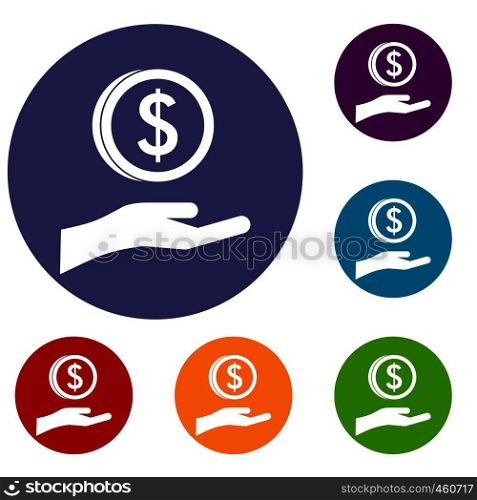 Hand and dollar coin icons set in flat circle reb, blue and green color for web. Hand and dollar coin icons set