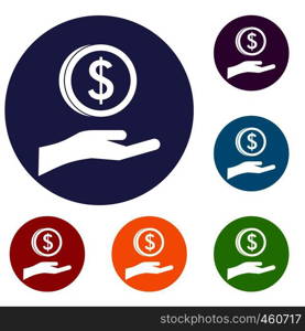 Hand and dollar coin icons set in flat circle reb, blue and green color for web. Hand and dollar coin icons set