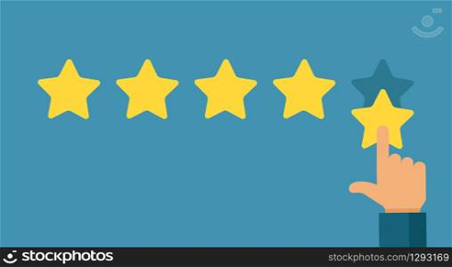 Hand and five star rating. Online positive customer feedback, good service quality. Best result, reputation company flat vector management success concept. Hand and five star rating. Online positive customer feedback, good service quality. Best result, reputation company flat vector concept