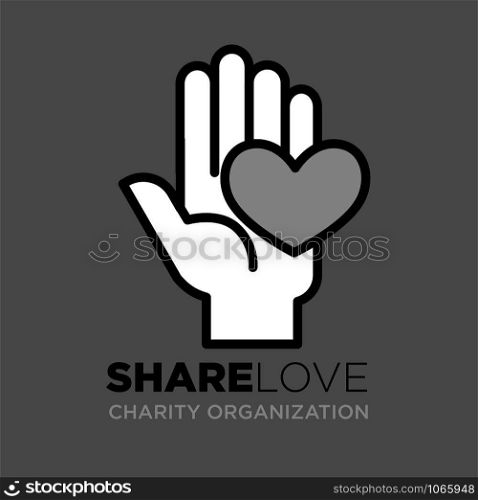 Hand and heart logo template for social donation and charity action organization. Vector isolated flat icon of hand and red heart for medical and volunteering support or blood donor design. Hand and heart logo template for social donation and charity action organization.
