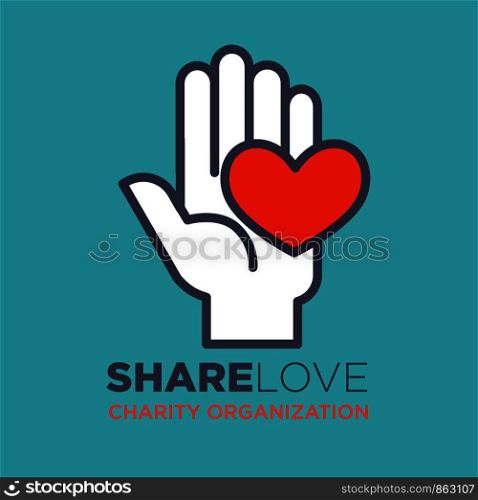 Hand and heart logo template for social donation and charity action organization. Vector isolated flat icon of hand and red heart for medical and volunteering support or blood donor design. Hand and heart social love and charity organization concept vector flat icon
