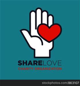Hand and heart logo template for social donation and charity action organization. Vector isolated flat icon of hand and red heart for medical and volunteering support or blood donor design. Hand and heart social love and charity organization concept vector flat icon