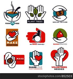 Hand and heart logo templates vector icons for social charity, blood or donation or medical and volunteering support or care design. Isolated symbols of human hands, red heart and green leaf. Hand icons vector flat hands templates for social, food, charity donation or medical design