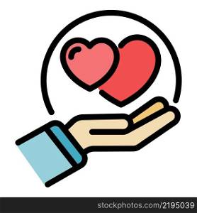 Hand and hearts icon. Outline hand and hearts vector icon color flat isolated. Hand and hearts icon color outline vector