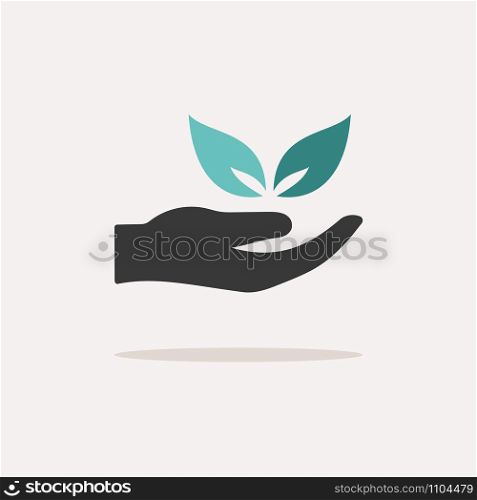 Hand and leaves. Icon with shadow on a beige background. Pharmacy flat vector illustration
