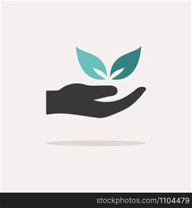 Hand and leaves. Icon with shadow on a beige background. Pharmacy flat vector illustration