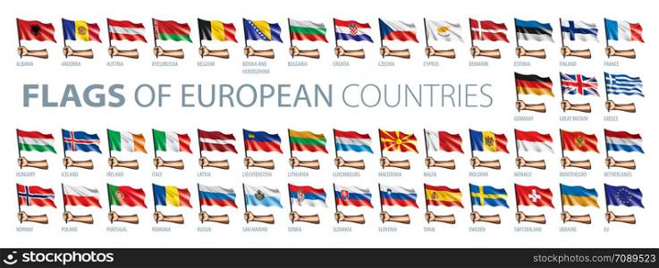 Hand and national flag. Vector illustration of a set of European flags.. Hand and national flag. Vector illustration of a set of European flags