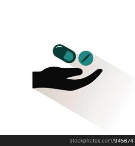 Hand and pills. Flat color icon with beige shade. Pharmacy and medicine vector illustration