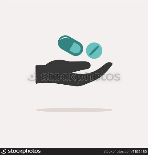 Hand and pills. Icon with shadow on a beige background. Pharmacy flat vector illustration