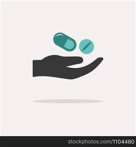 Hand and pills. Icon with shadow on a beige background. Pharmacy flat vector illustration