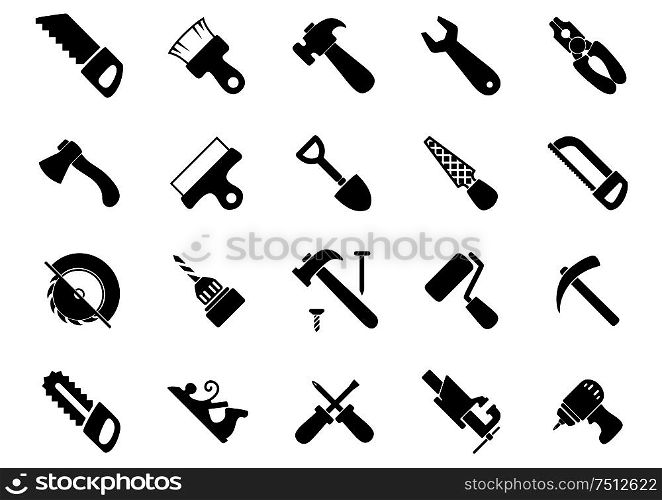 Hand and power tools black icons set with hammers, saws, axe, shovel, screwdrivers wrench pliers drills paintbrush and roller, spatula rasp bench vice pickaxe and jack plane. Set of black hand and power tools icons