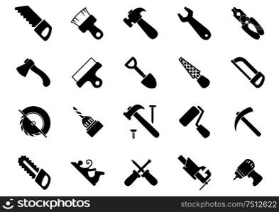Hand and power tools black icons set with hammers, saws, axe, shovel, screwdrivers wrench pliers drills paintbrush and roller, spatula rasp bench vice pickaxe and jack plane. Set of black hand and power tools icons