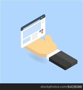Hand and website page. The concept of site management. . Hand and website page. The concept of site management. Vector illustration .