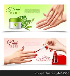 Hand Care Cosmetics 2 Realistic Banners. Professional hand care beauty salon 2 realistic banners with natural bio active moisturizing cream treatment isolated vector illustration