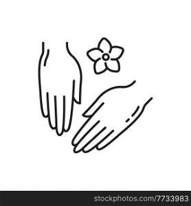 Hand care cosmetics and flower isolated outline icon. Vector skincare products, female hands, freshness and hygiene, arms and fingers massage. Caucasian and asian woman palms, herbal medicine. Skincare products, spa, hand care cosmetics icon