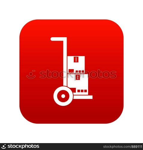 Hand cart with cardboards icon digital red for any design isolated on white vector illustration. Hand cart with cardboards icon digital red