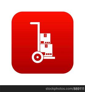 Hand cart with cardboards icon digital red for any design isolated on white vector illustration. Hand cart with cardboards icon digital red