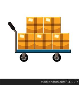 Hand cart with cardboards icon in cartoon style on a white background. Hand cart with cardboards icon, cartoon style