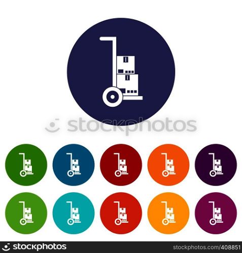 Hand cart with cardboards set icons in different colors isolated on white background. Hand cart with cardboards set icons