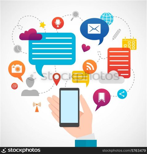 Hand cell phone users mobile social network media internet service concept icons composition poster abstract vector illustration