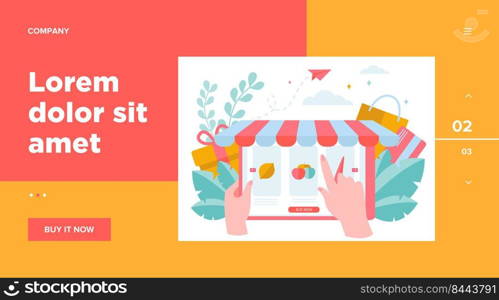 Hand choosing groceries online. Fruit, vegetable, market flat vector illustration. E-commerce and digital technology concept for banner, website design or landing web page