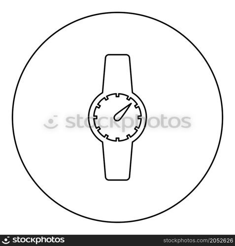 Hand clock icon in circle round black color vector illustration image outline contour line thin style simple. Wrist watch Hand clock Timepiece Chronometer icon in circle round black color vector illustration image outline contour line thin style