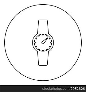 Hand clock icon in circle round black color vector illustration image outline contour line thin style simple. Wrist watch Hand clock Timepiece Chronometer icon in circle round black color vector illustration image outline contour line thin style