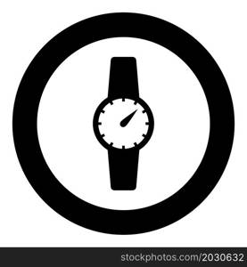 Hand clock icon in circle round black color vector illustration image solid outline style simple. Wrist watch Hand clock Timepiece Chronometer icon in circle round black color vector illustration image solid outline style