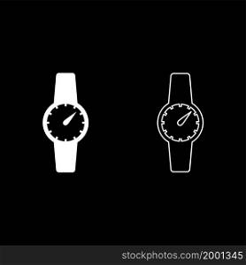Hand clock icon white color vector illustration flat style simple image set. Wrist watch Hand clock Timepiece Chronometer icon white color vector illustration flat style image set