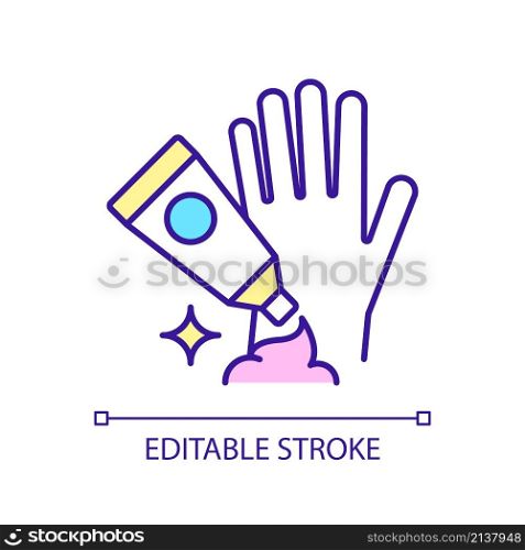 Hand cream applying RGB color icon. Skincare cosmetic product. Beauty routine for everyday. Isolated vector illustration. Simple filled line drawing. Editable stroke. Arial font used. Hand cream applying RGB color icon