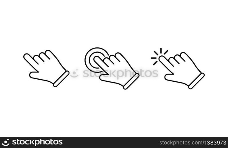 Hand cursor, hand clicks or mouse pointer icon flat on isolated white background. EPS 10 vector.. Hand cursor, hand clicks or mouse pointer icons set on isolated white background. EPS 10 vector