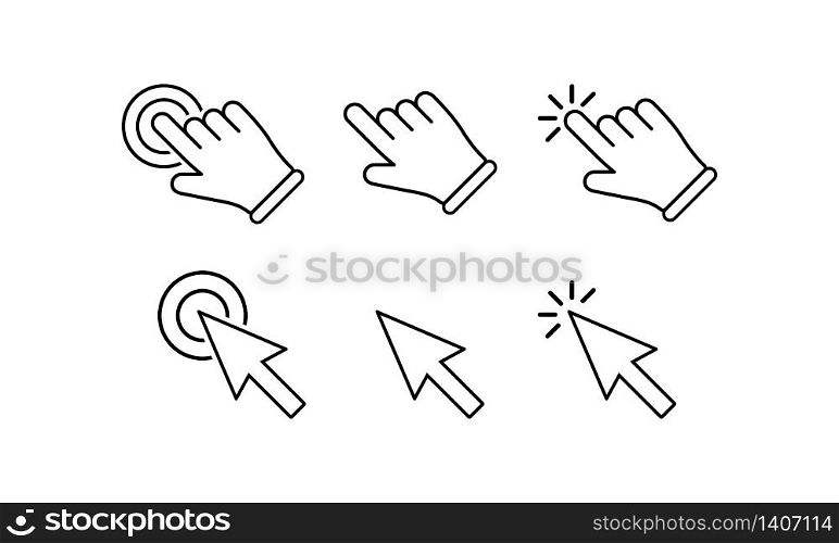 Hand cursor, hand clicks or mouse pointer icons set on isolated white background. EPS 10 vector.. Hand cursor, hand clicks or mouse pointer icons set on isolated white background. EPS 10 vector