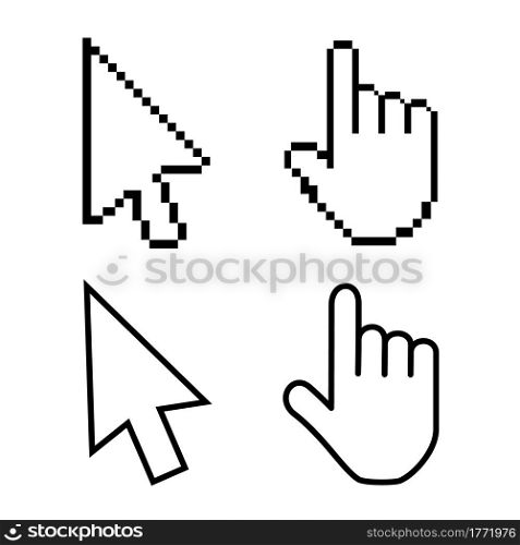 Hand cursor icon with an index finger and arrow. Pixel design graphics for modern computer technology, web sites, blogs, computer applications, programs. Vector illustration in flat style. Hand cursor icon with an index finger and arrow.
