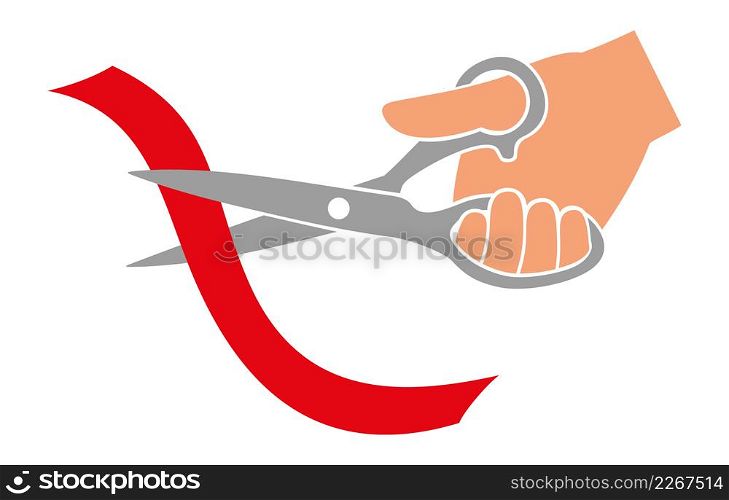 Hand cutting red ribbon with scissors