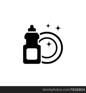 Hand Dishwashing Liquid with Clean Plate, Dish Washing Detergent. Flat Vector Icon illustration. Simple black symbol on white background. Dishwashing sign design template for web and mobile UI element. Hand Dishwashing Liquid with Clean Plate, Dish Washing Detergent Flat Vector Icon
