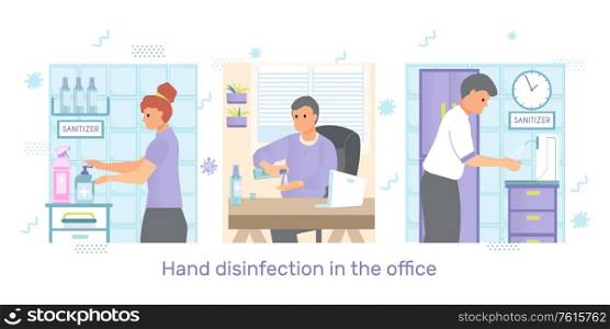Hand disinfection flat set of square compositions with views of workplaces and people using sanitizer gel vector illustration