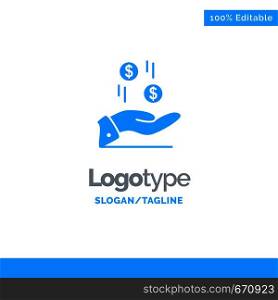 Hand, Dollar, Money, Currency, Charity Blue Solid Logo Template. Place for Tagline