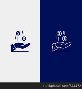 Hand, Dollar, Money, Currency, Charity Line and Glyph Solid icon Blue banner Line and Glyph Solid icon Blue banner