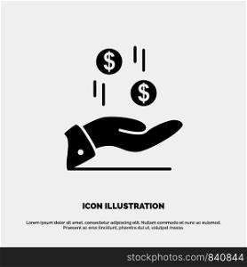Hand, Dollar, Money, Currency, Charity solid Glyph Icon vector