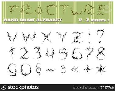 Hand draw alphabet. Fractured letters from v to z and numbers. Isolated on white background.