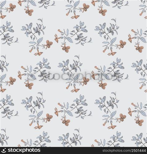 Hand draw bloom wildflowers. Cute floral abstract background seamless pattern.Botanical flowers wallpaper. Vector illustration graphic design fashion, textile, wrapping,print. Trendy grey pastel color