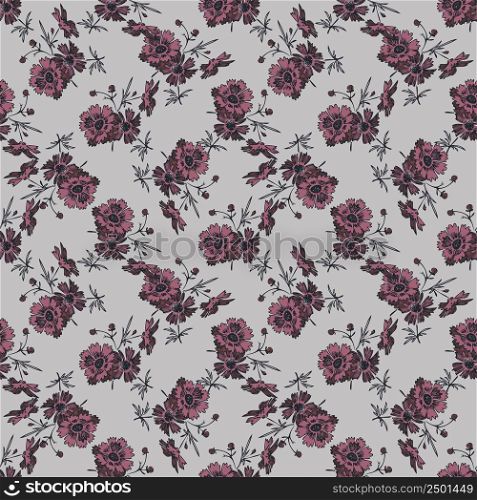 Hand draw bloom wildflowers. Cute floral abstract background seamless pattern.Botanical flowers wallpaper. Vector illustration graphic design fashion,textile, wrapping,print. Trendy lilac pastel color